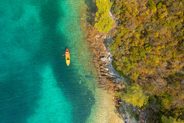 Aerial view of the kayaking on the Adriatic Sea near Korcula, Croatia