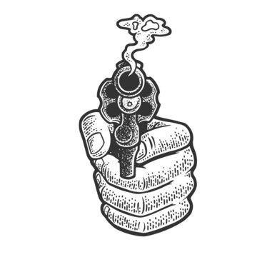smoking revolver in hand sketch raster
