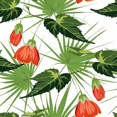 Exotic natural green plant, tropical bell flower composition on white background. Beach seamless pattern wallpaper with orchid, strelitzia, passiflora flowers.