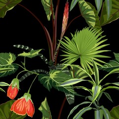 Exotic natural green plant, tropical bell flower composition on black background. Beach seamless pattern wallpaper with orchid, strelitzia, passiflora flowers.