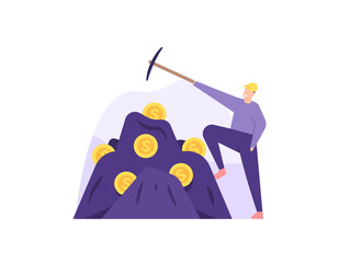 illustration of a miner mining coins on rocks. Use mattock to pick up and collect coins. money mining concept, money harvesting, crypto money mining machine. people activity. flat cartoon style