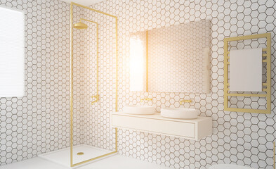 Scandinavian bathroom, classic  vintage interior design. 3D rendering.