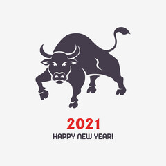 Ox silhouette with "happy new year 2021" title. Vector greeting card for new year with stylized angry black bull and greeting text on white background.