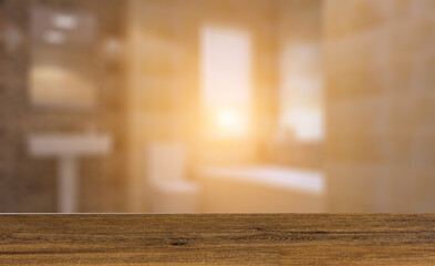 Background with empty table. Flooring. Modern bathroom including bath and sink. 3D rendering.. Sunset.
