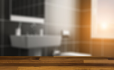 Background with empty table. Flooring. Clean and fresh bathroom with natural light. 3D rendering.. Suns