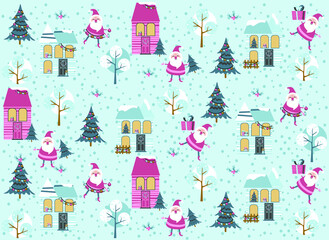 Santa toy pattern, Christmas tree and other holiday details. Childish hand-drawn scandinavian style. Vector illustration