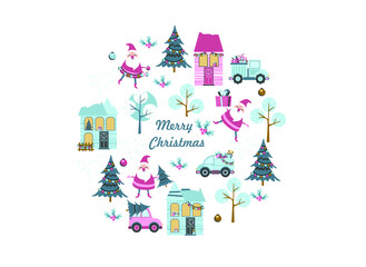Fototapeta na wymiar Santa toy pattern, Christmas tree and other holiday details. Childish hand-drawn scandinavian style. Vector illustration