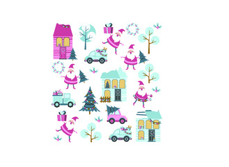 Santa toy pattern, Christmas tree and other holiday details. Childish hand-drawn scandinavian style. Vector illustration