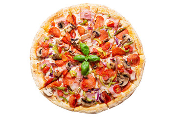 pizza with bacon, mushrooms, salami and vegetables isolated on white background