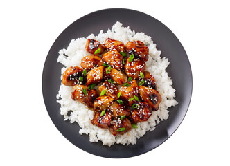 Plate of teriyaki chicken with rice isolated on white background
