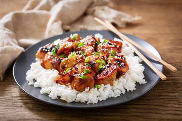 Plate of teriyaki chicken with rice - 453281281