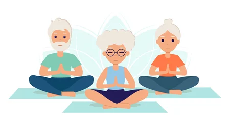 Zelfklevend Fotobehang Elderly people do yoga, practice meditation. Yoga class. Older women and men exercise to maintain an active healthy lifestyle. Yoga practice. Illustration in flat style for fitness concept. © Tais