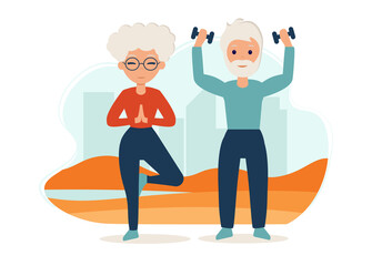 Senior couple goes in for sports on the street. Yoga practice. Illustration in flat style. Old man and woman are active outdoor	