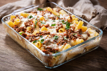 Baked rigatoni pasta with beef