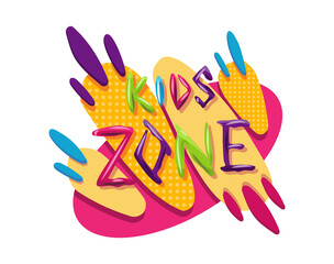 Kids zone. Children playground game room or center emblem. Playroom banner for children play zone. Kid entertainment camp poster. Toys fun playing zone, games party and play area poster