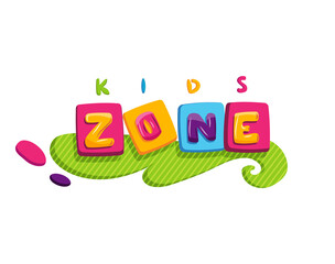 Kids zone. Children playground game room or center emblem. Playroom banner for children play zone. Kid entertainment camp poster. Toys fun playing zone, games party and play area poster