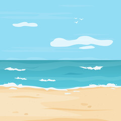 Tropical beach with sea. Background with ocean, clouds and sand. Flat style vector illustration