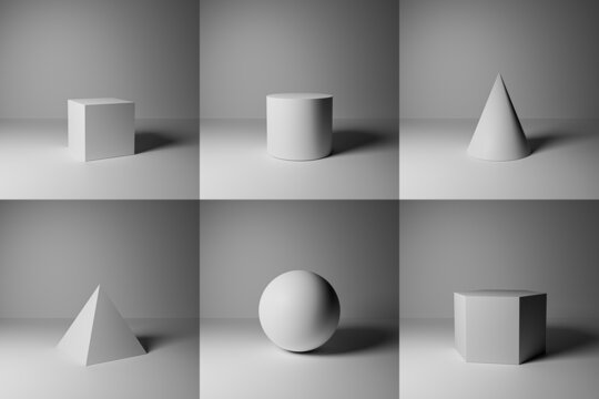 Collection of White Geometry 3D Graphic Shapes Cube Pyramid Cone Cylinder Sphere, Light and shadows, 3D rendering