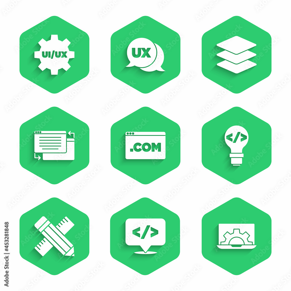 Poster set ui or ux design, front end development, web, crossed ruler and pencil, layers and icon. vector