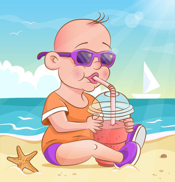 Little boy drinking a fruit juice through a straw on the sea beach. Cool child in sunglasses. Vector illustration. Summer background with sea, sky, clouds, starfish and sailboat on the sea waves