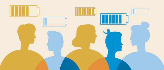 Emotional Burnout in People, Flat Vector Stock Illustration with Low Battery, Social Stress, Emotional and Mental Health