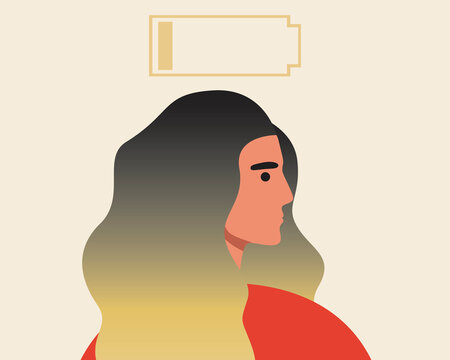 Emotional Burnout in Woman, Flat Vector Stock Illustration with Battery Charge as a Stress and Depression Concept