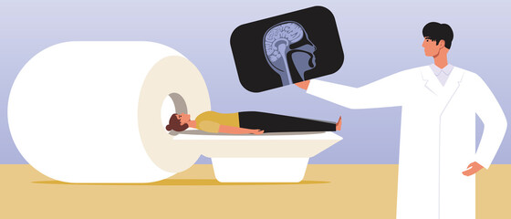 Brain MRI, patient with doctor, Flat vector stock illustration with MRI machine or tamograph for computerized head tomogram