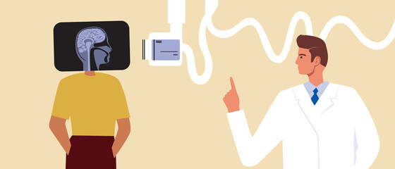 Patient with MRI brain, flat vector stock illustration with doctor and MRI machine or computer tomograph for head and brain examination