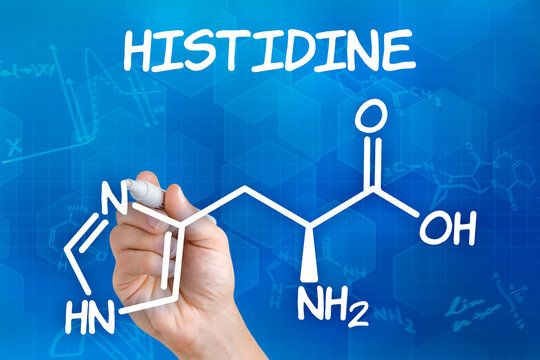 Hand with pen drawing the chemical formula of histidine