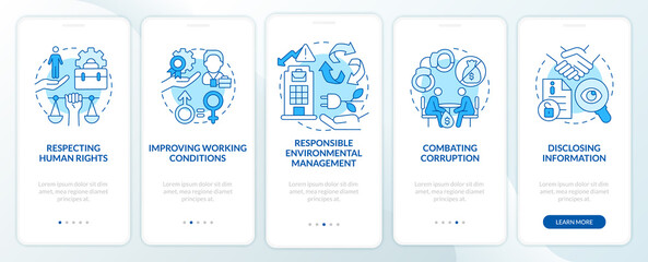 Fototapeta na wymiar CSR issues blue onboarding mobile app page screen. Corporate social responsibility walkthrough 5 steps graphic instructions with concepts. UI, UX, GUI vector template with linear color illustrations