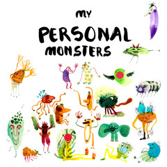 Set of funny characters. Cute creatures, fantasy monsters. Handmade set of cute and original characters created with watercolour and coloured ink. Original halloween monsters.