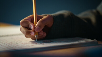 Authentic Close Up Shot of a Young Person Writing with Pencil in Notebook. Teenager Making Homework...