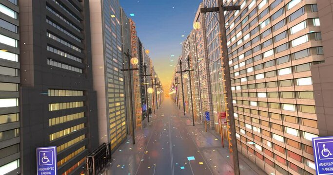 Empty Street City Flying 3D Animation. Smart City. Perfect Loop. Technology and Business related 4K 3D animation.