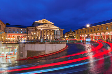 Naklejka premium Bayerische Staatsoper and Residenztheater at Max-Josephs-Platz in Munich during the blue hour, Bavaria, Germany, Europe