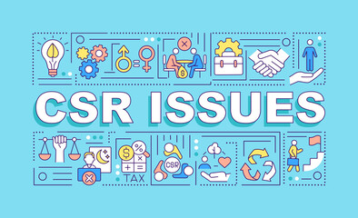 Corporate social responsibility issues word concepts banner. Infographics with linear icons on blue background. Isolated creative typography. Vector outline color illustration with text
