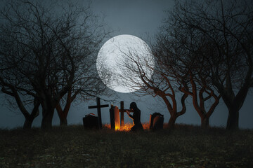 Obraz premium spooky graveyard with full moon background