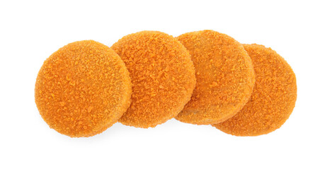 Uncooked breaded cutlets on white background, top view. Freshly frozen semi-finished product