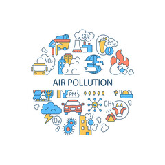 Fototapeta premium Air pollution abstract color concept layout with headline. Climate problem creative idea. Chemical smoke in city air. Toxic atmosphere. Isolated vector filled contour icons for web background
