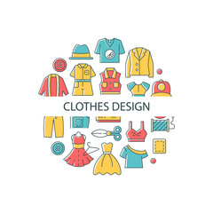 Clothes design abstract color concept layout with headline. Making new garments. Designer work with outfits. Needlecraft creative idea. Isolated vector filled contour icons for web background