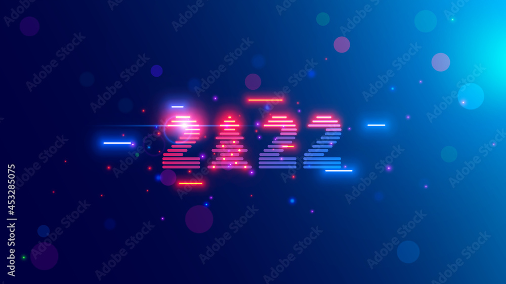 Poster 2022 year vision logo on blue background with neon lamps, christmas tree. Tech cyberpunk style digits 20 22. New year card in digital retro 80th or 90s design. Xmas computer number 2022 for banner.