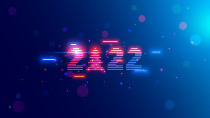 2022 year vision logo on blue background with neon lamps, christmas tree. Tech cyberpunk style digits 20 22. New year card in digital retro 80th or 90s design. Xmas computer number 2022 for banner.