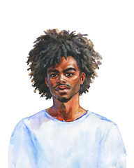 Hand drawn young handsome African man with beard. Watercolor realistic portrait on white background. Painting fashion illustration.
