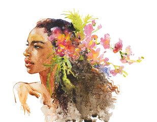 Hand drawn young African woman with Orchid, tropical flowers. Watercolor fashion portrait on white background. Painting realistic illustration. - 453285209