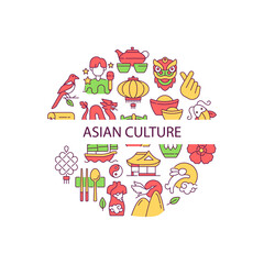 Asian culture abstract color concept layout with headline. Eastern traditions. South Korea. Japan cultural symbols. Asia creative idea. Isolated vector filled contour icons for web background