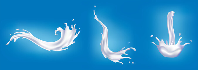 Fototapeta na wymiar Set of realistic milk splashes. Pouring white liquid or dairy products. Sample advertising realistic natural dairy products, yogurt or cream, isolated on blue background