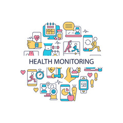 Fototapeta na wymiar Health monitoring abstract color concept layout with headline. Medical data. Telemedicine service. Call with doctor. Fitness creative idea. Isolated vector filled contour icons for web background