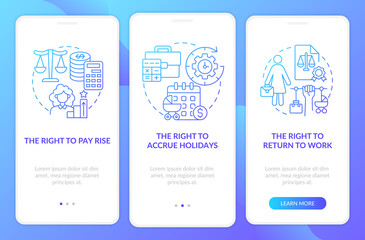 Maternity leave employee rights blue gradient onboarding mobile app page screen. Walkthrough 3 steps graphic instructions with concepts. UI, UX, GUI vector template with linear color illustrations