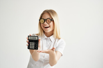 cheerful woman wearing glasses made of gold coins cryptocurrency virtual money
