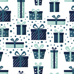 blue gift boxes seamless pattern with ribbons and bows on white background