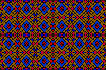 Tribal ethnic retro fashion fabric pattern black line mesh with blue red seamless stripes on brown background.